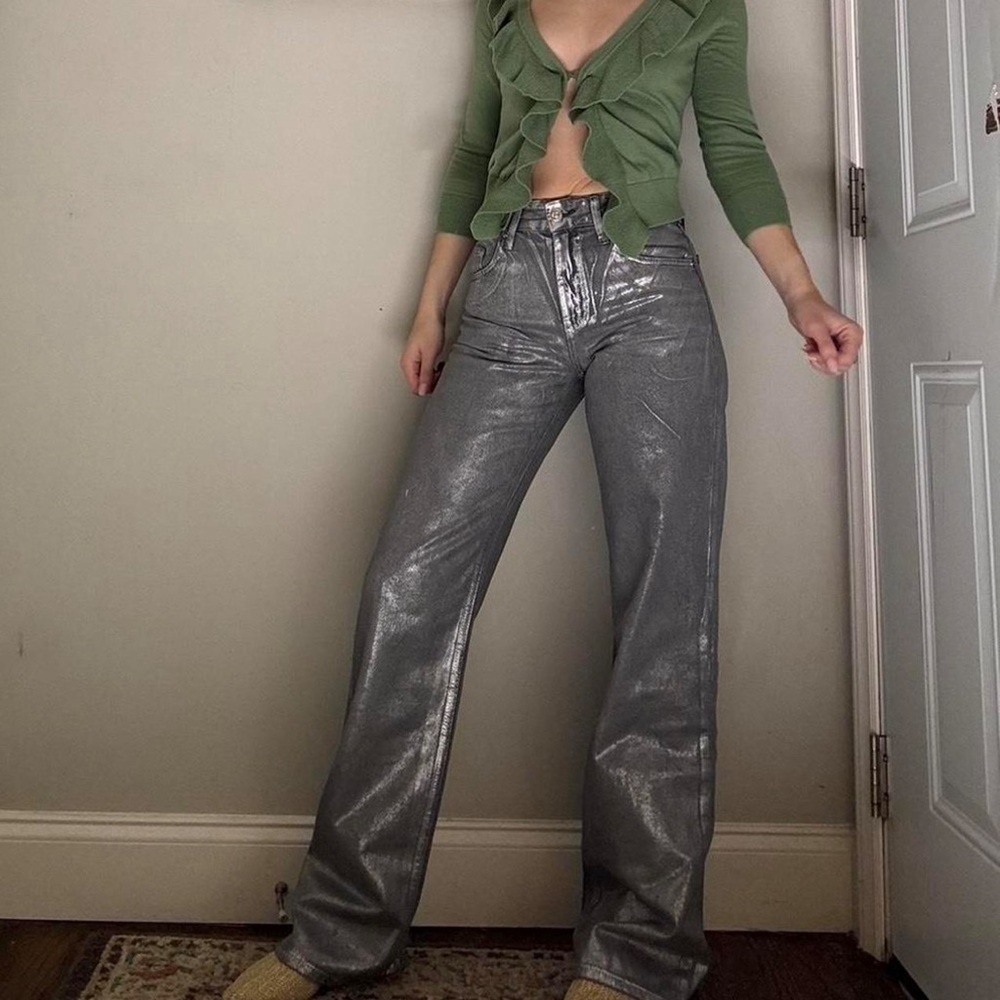 Zara Mid Rise Straight Leg Foil Jeans